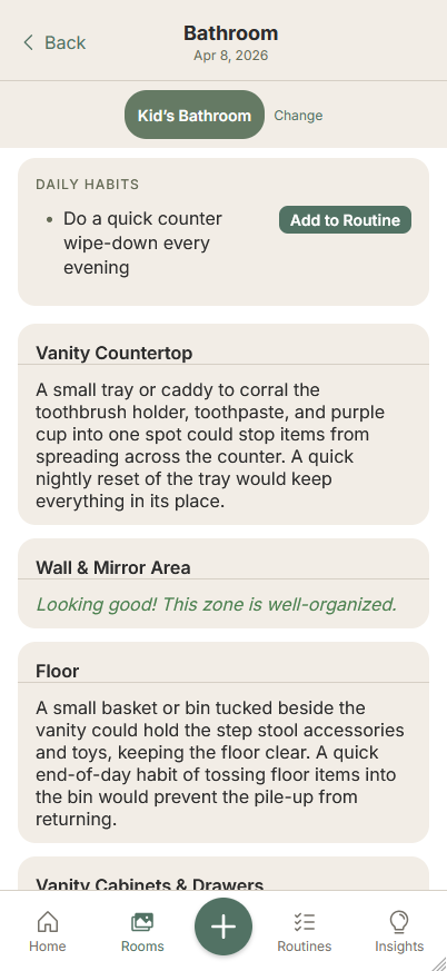 AI-powered room analysis showing zone-by-zone suggestions for organizational problems with daily habit recommendations