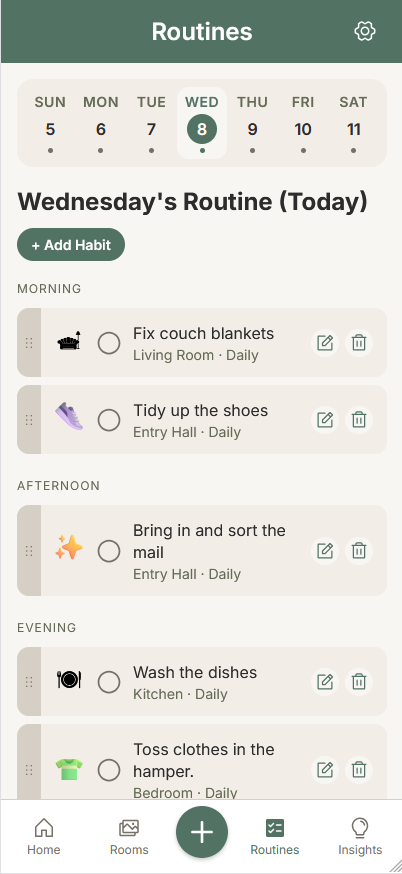 Daily routine screen showing morning, afternoon, and evening cleaning habits organized by room with checkboxes to track completion